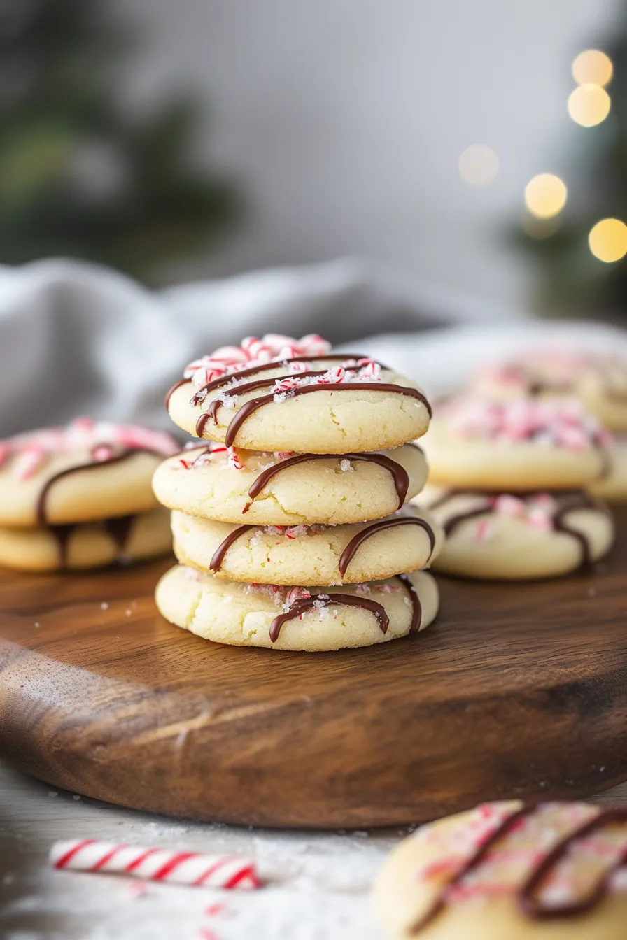 Soft sugar cookies with festive peppermint topping on a wooden table