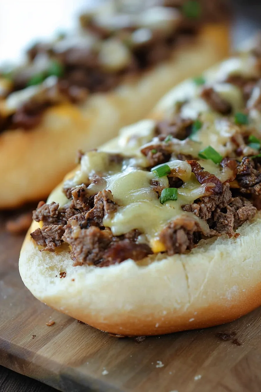 Close-up of cheesy bread loaded with beef and bell peppers