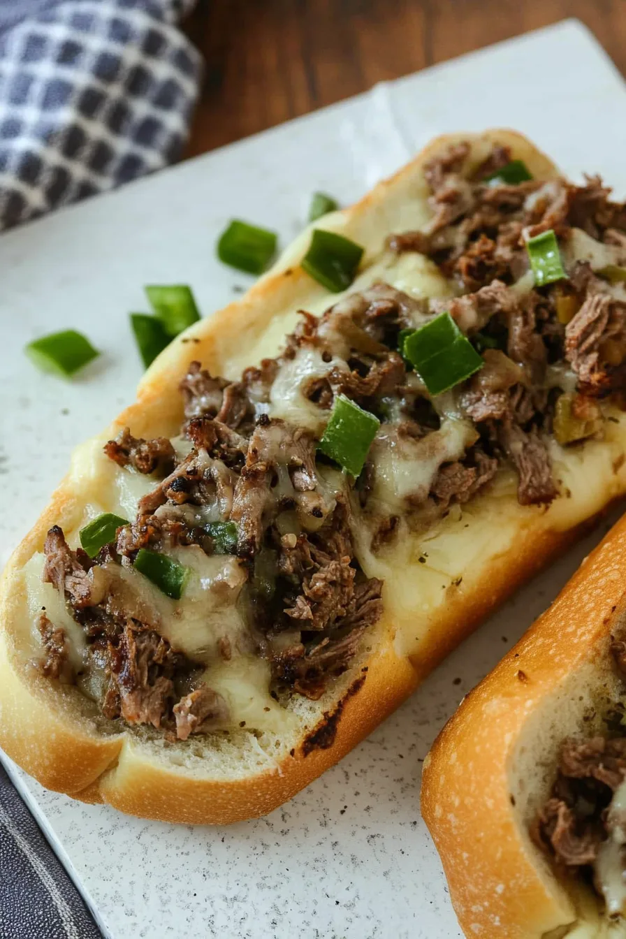 Overhead view of bread filled with steak, onions, and peppers