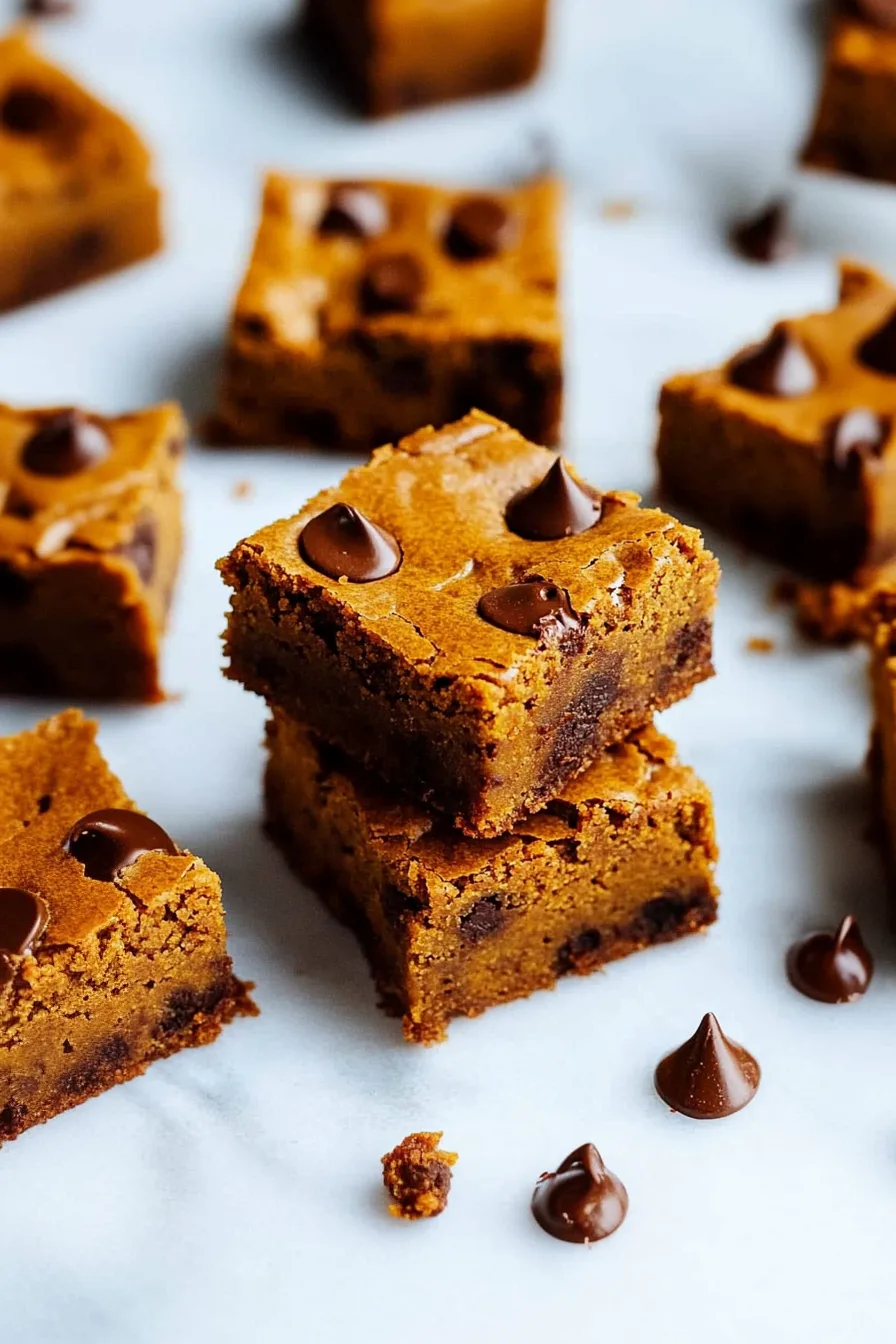 Freshly baked pumpkin blondies recipe cut into thick bars and ready to serve.
