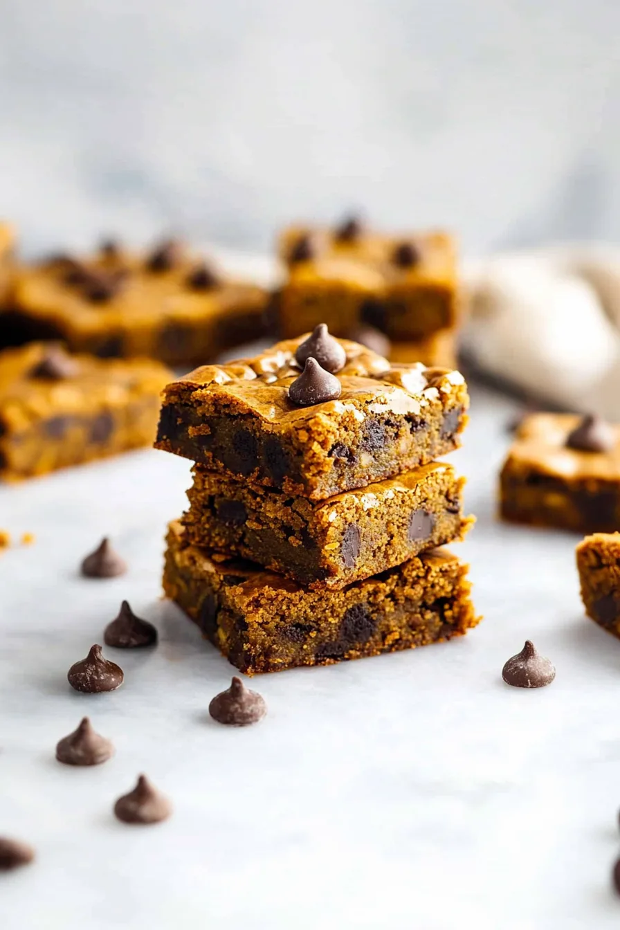 Pumpkin blondie square on parchment paper surrounded by scattered chocolate chips.