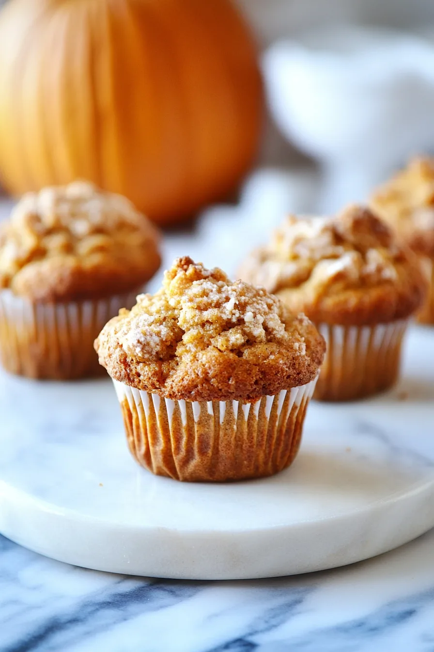 Freshly baked pumpkin muffins with a cream cheese swirl on top.