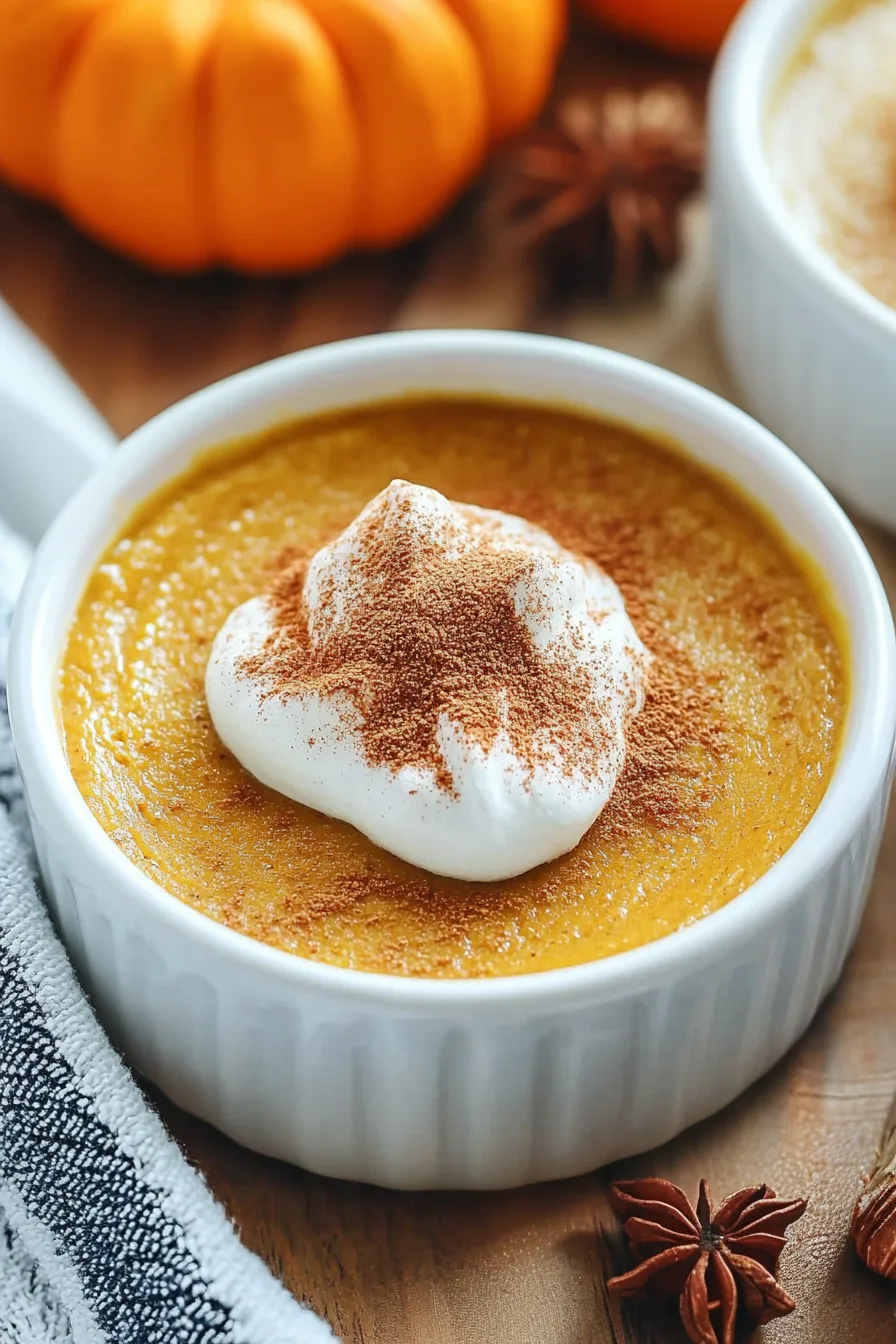 Close-up of a creamy custard topped with a dollop of whipped cream