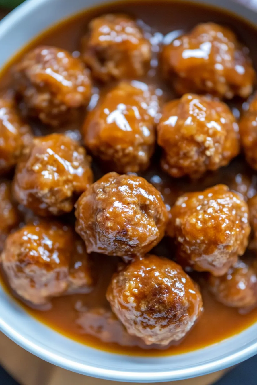 Meatballs coated in a glossy pumpkin glaze served on a white plate.