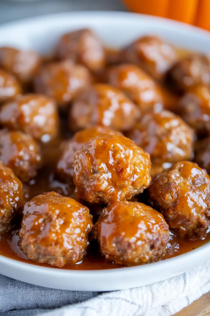 Close-up of tender glazed meatballs with a golden shine.