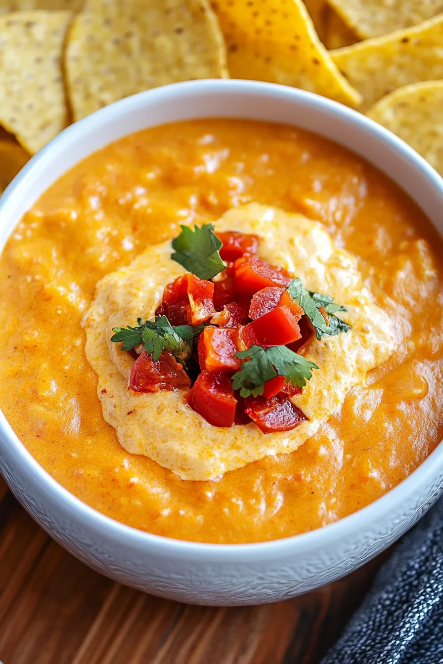 Golden, melted queso surrounded by tortilla chips on a wooden table