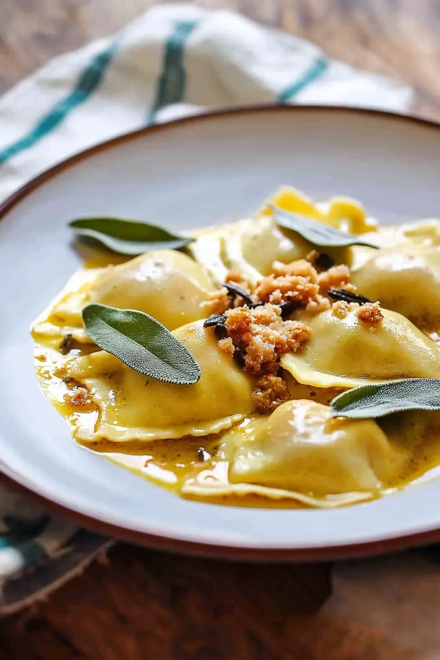 Homemade ravioli served in a light sauce with crispy sage