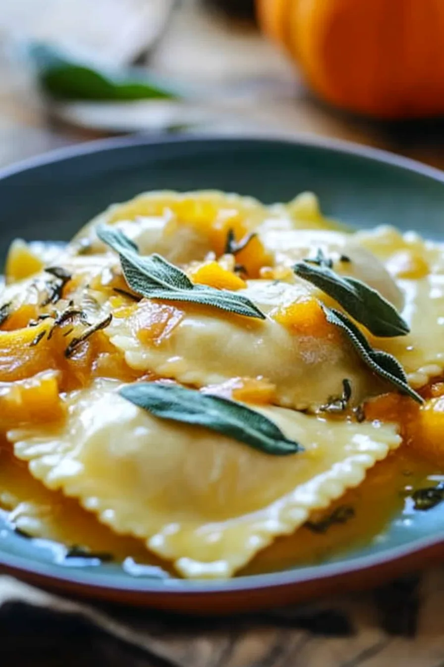Close-up of stuffed pasta topped with walnuts and herbs