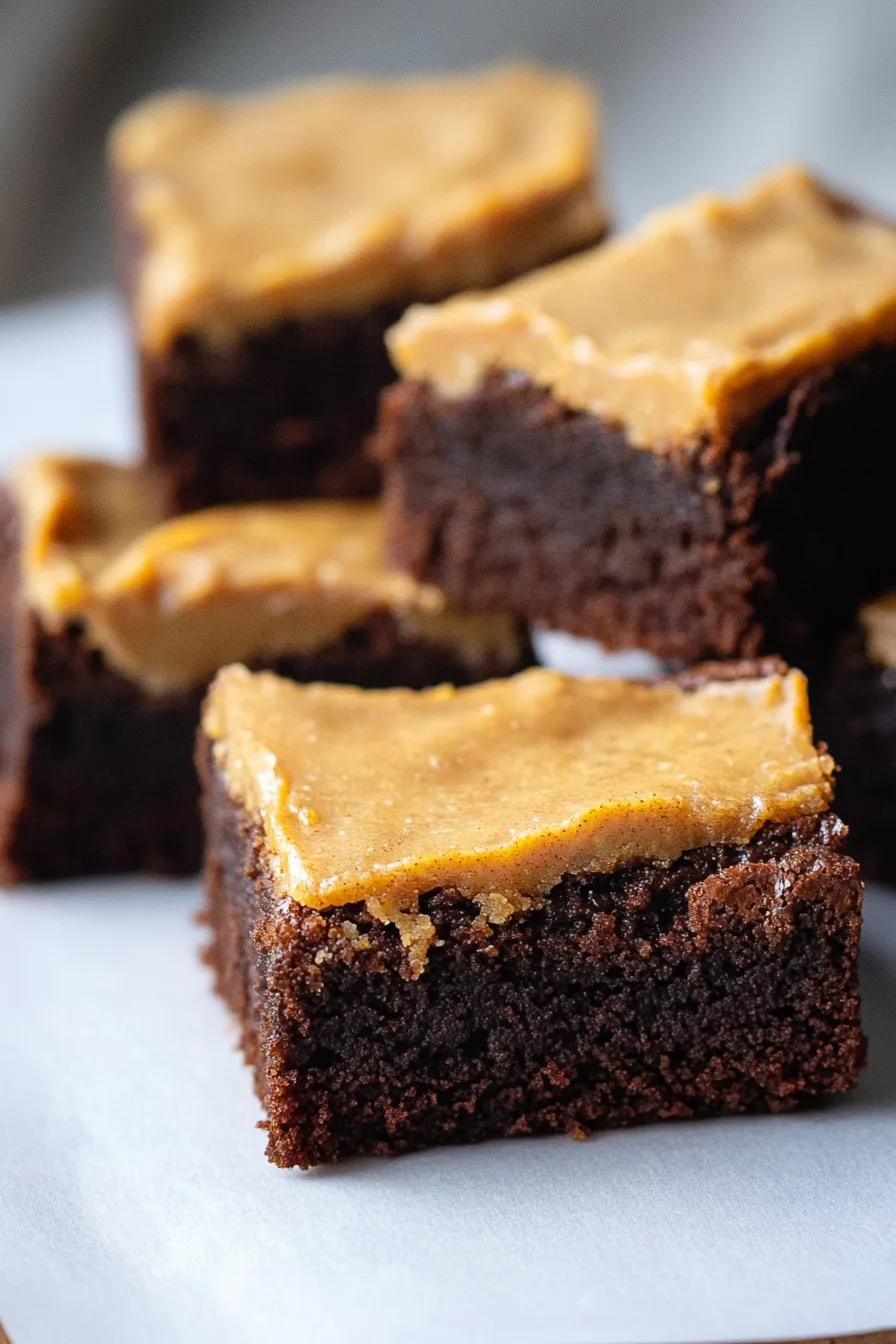 Close-up of a rich chocolate brownie square with a marbled finish