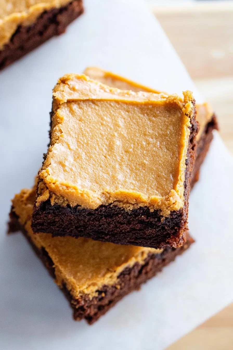 Stack of moist brownies on a plate, showing their dense texture