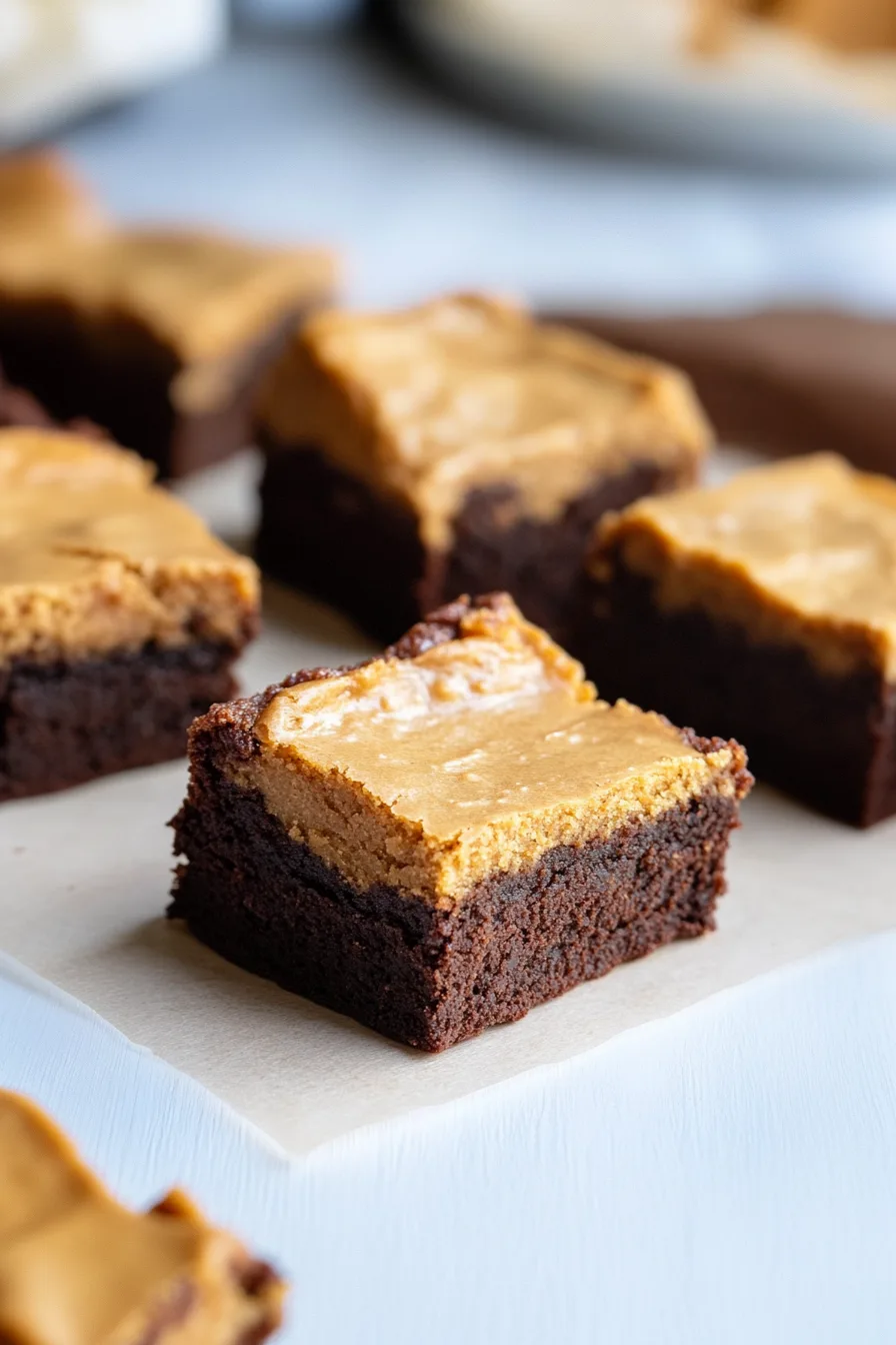 Cut brownie squares arranged neatly on parchment paper, ready to serve