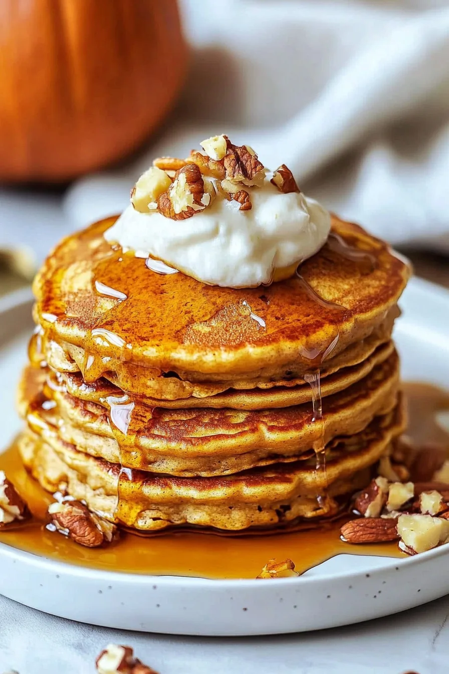Cozy breakfast scene featuring pancakes and a syrup pour