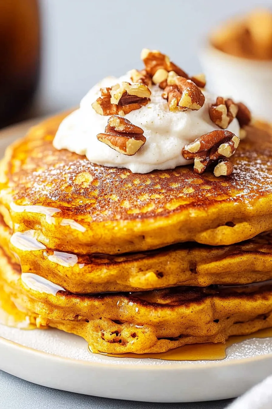 Close-up of warm pancakes topped with melting butter and syrup
