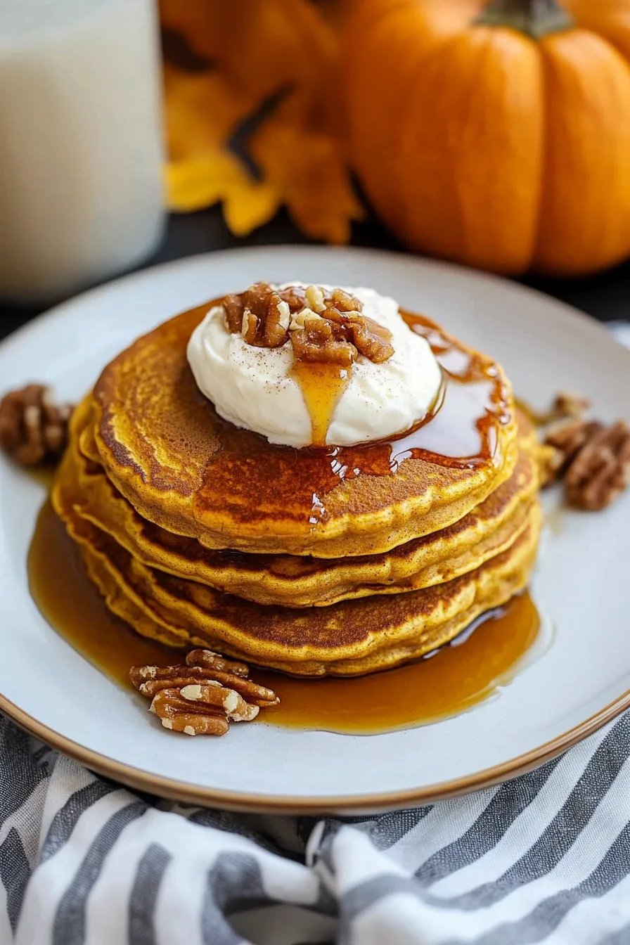 Golden pancakes on a plate with syrup pooling around the edges