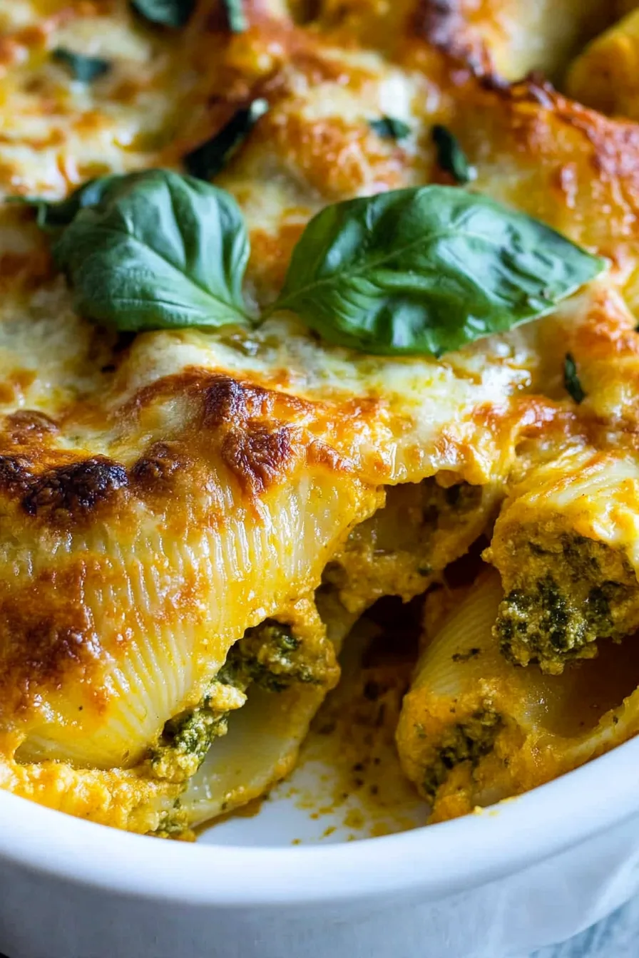 Close-up of stuffed shells fresh from the oven, garnished with basil leaves.