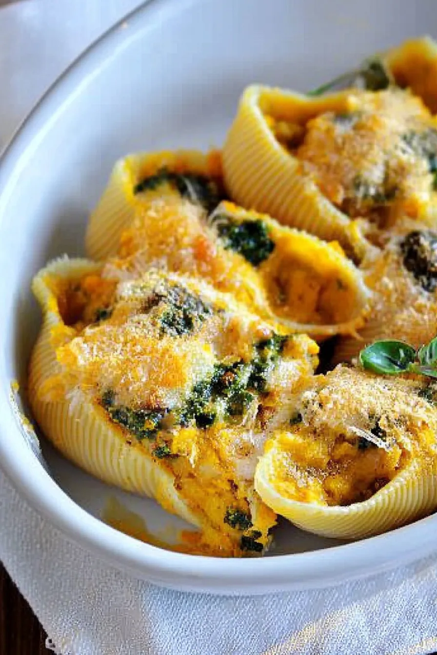 Comfort food dish featuring jumbo pasta shells stuffed with a savory pumpkin mixture.