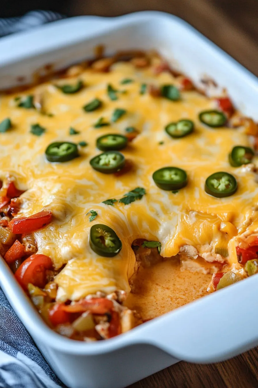 Close-up of a hearty casserole with melted cheese and vegetables.