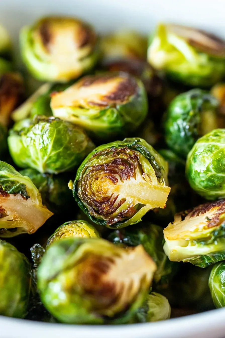 Close-up of crispy Brussels sprouts with a glossy glaze