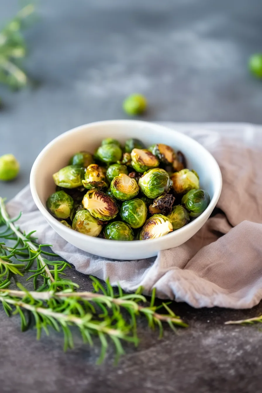 Bowl of roasted Brussels sprouts on a gray linen napkin