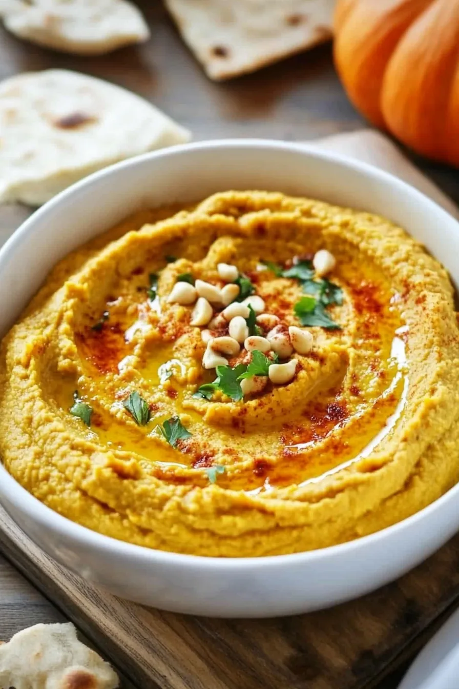 A bowl of creamy dip topped with olive oil and pumpkin seeds, served with pita chips on the side.
