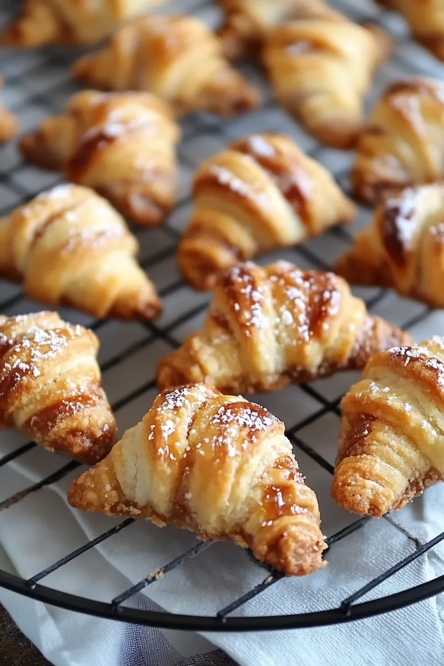 Close-up of freshly baked rugelach pastries showing crisp layers and caramelized filling.