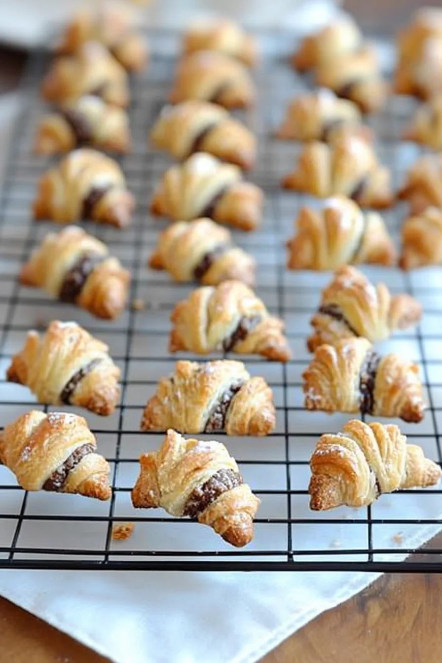 Freshly baked crescent-shaped pastries cooling on a wire rack with a golden, flaky crust.
