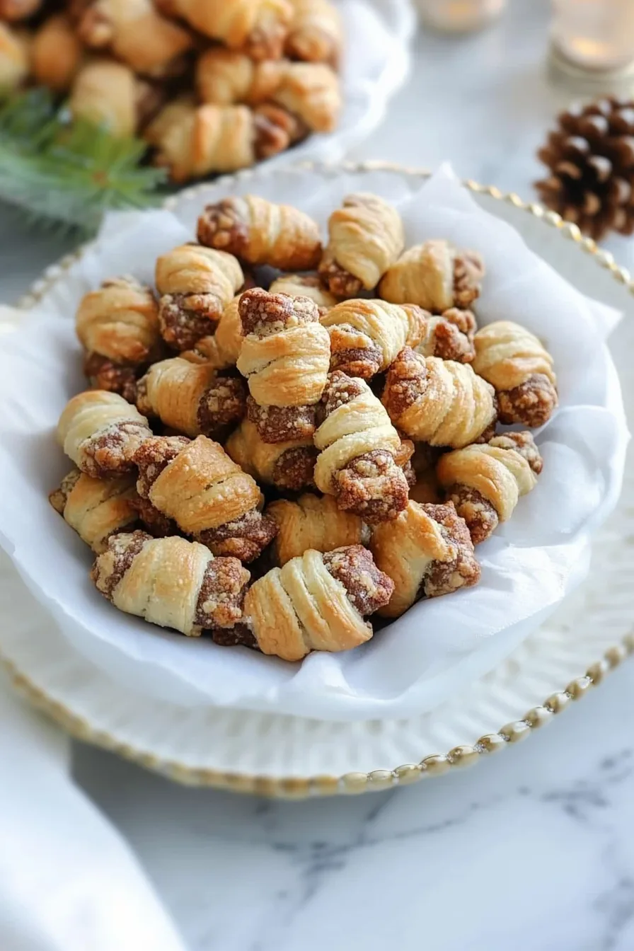 Stack of homemade rugelach cookies highlighting their flaky texture and rolled shape.