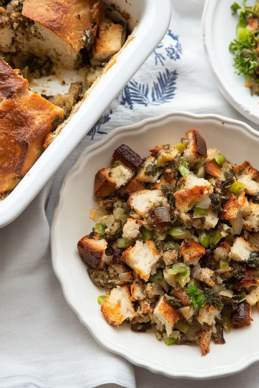 Individual portion of stuffing on a plate beside roasted vegetables