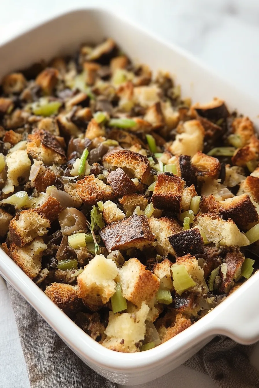 Close-up of toasted bread pieces mixed with vegetables in a casserole dish