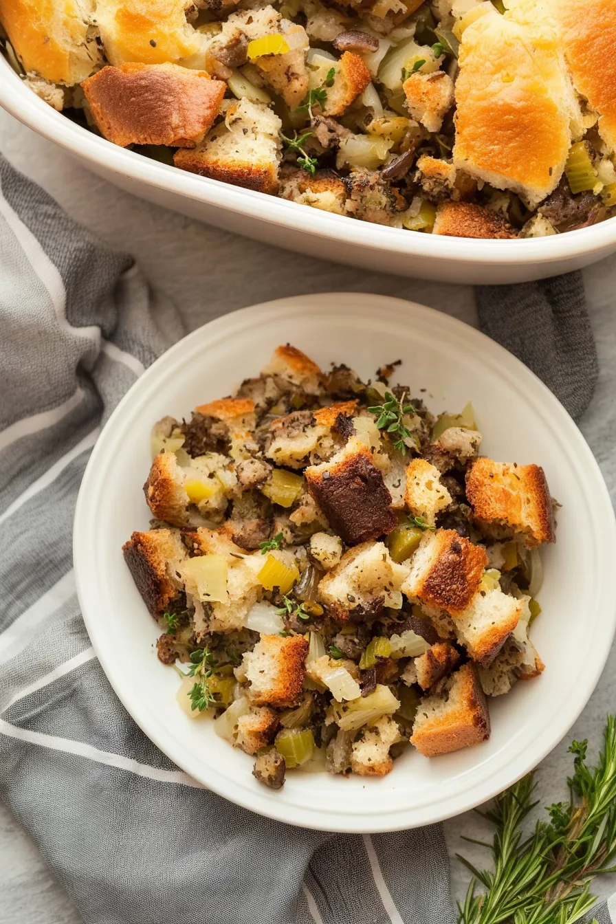 Golden baked stuffing with crispy bread cubes and fresh herbs