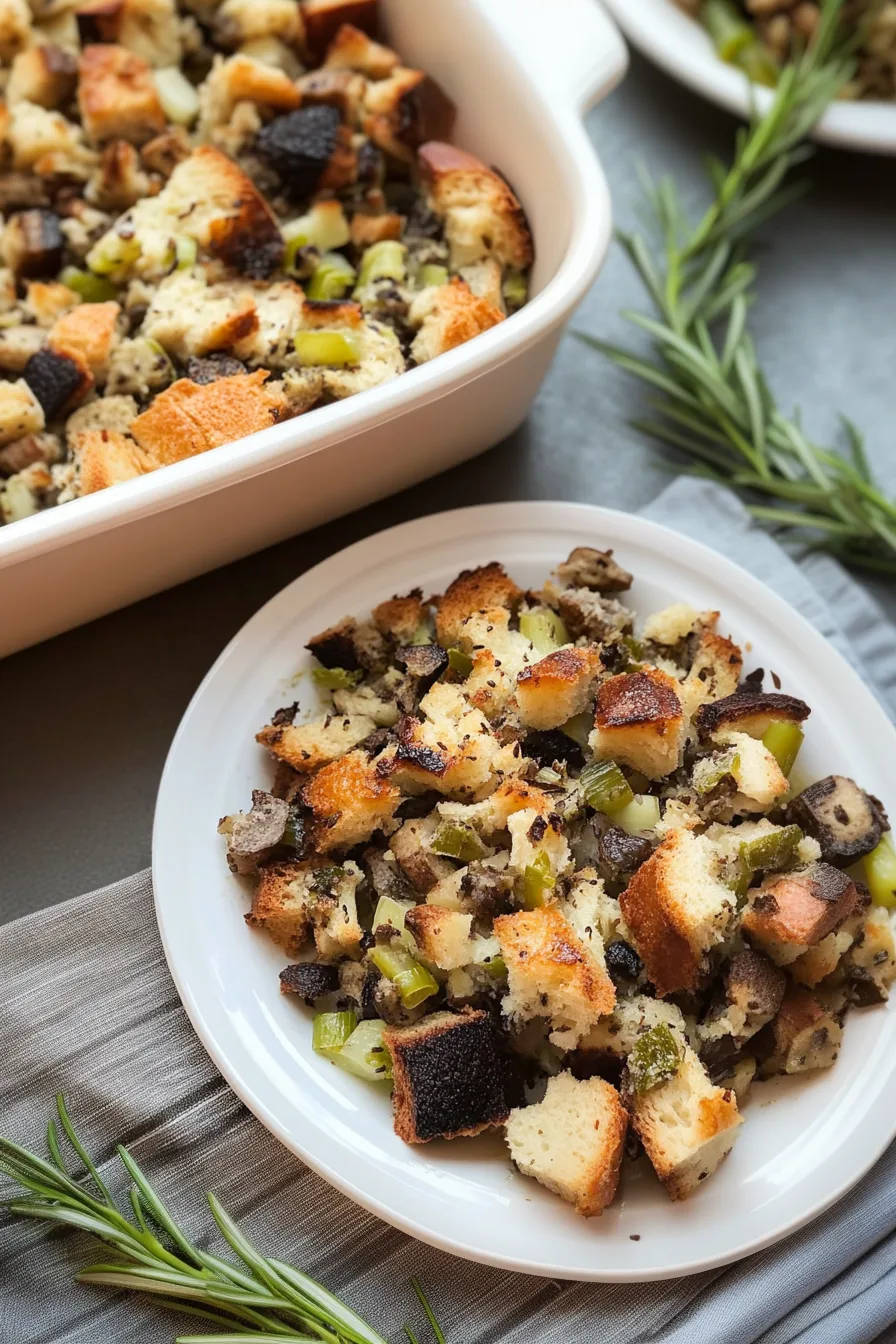 Overhead view of rustic bread stuffing with browned edges