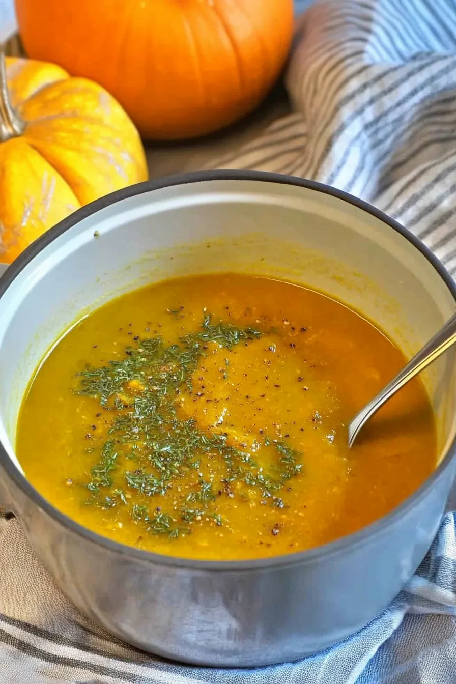Bowl of creamy orange soup with fresh herbs on top