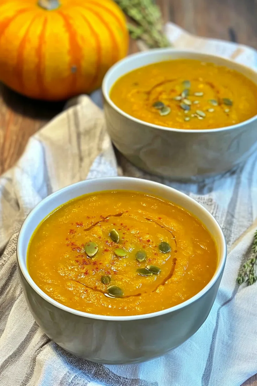 Warm autumn-inspired soup served in a white bowl