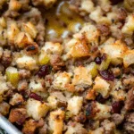 Baking dish filled with hearty stuffing packed with sausage and cranberries.
