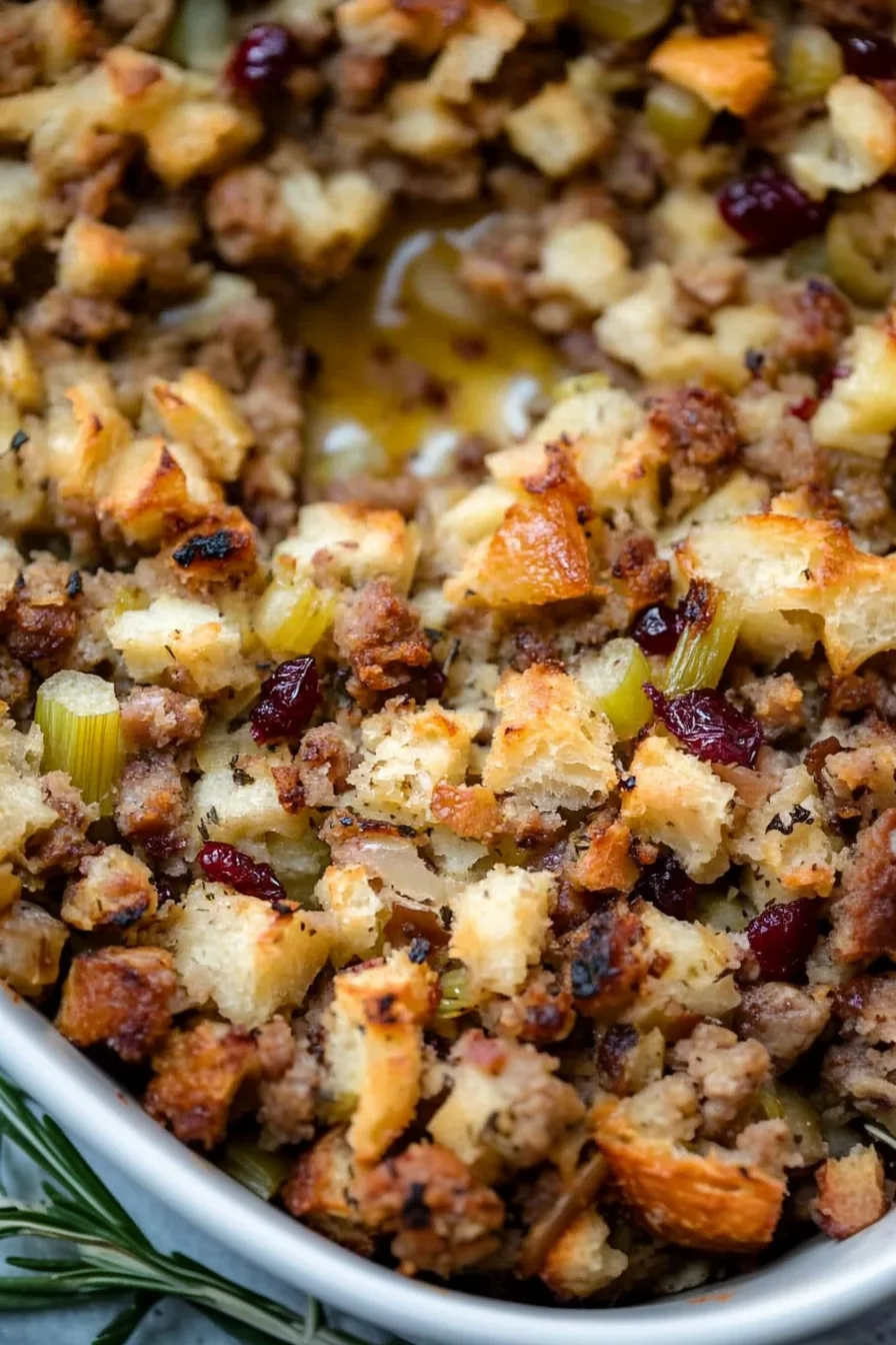 Baking dish filled with hearty stuffing packed with sausage and cranberries.