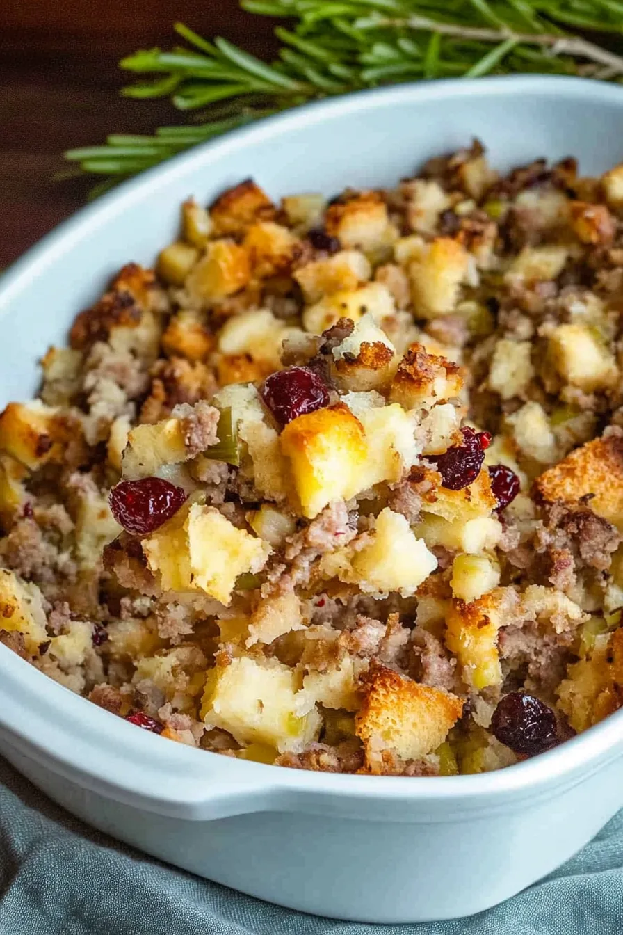 Warm holiday side dish featuring sausage, bread, and dried cranberries.