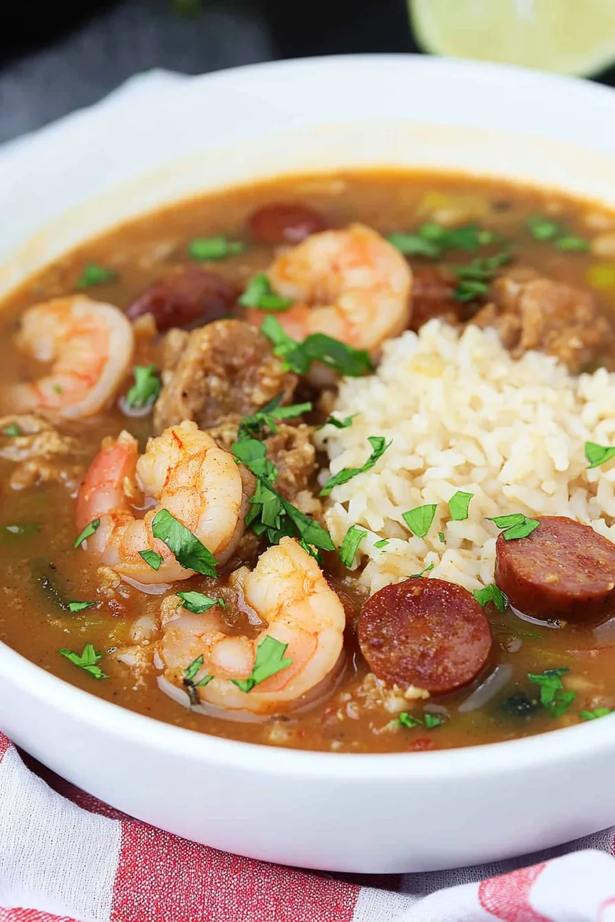 Close-up of rich, Creole-style stew with shrimp and sausage pieces