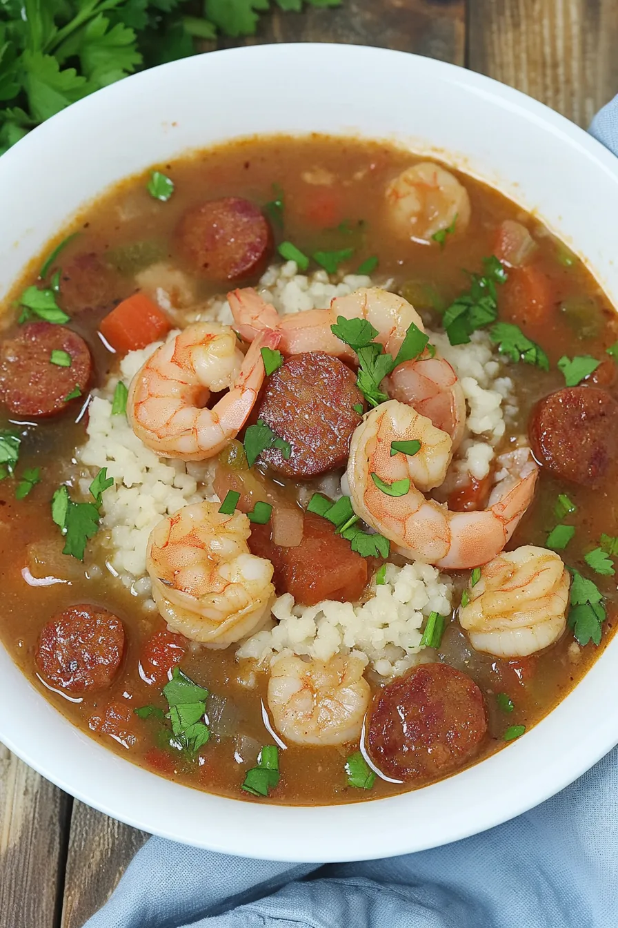 A bowl of hearty sausage and shrimp gumbo served over rice
