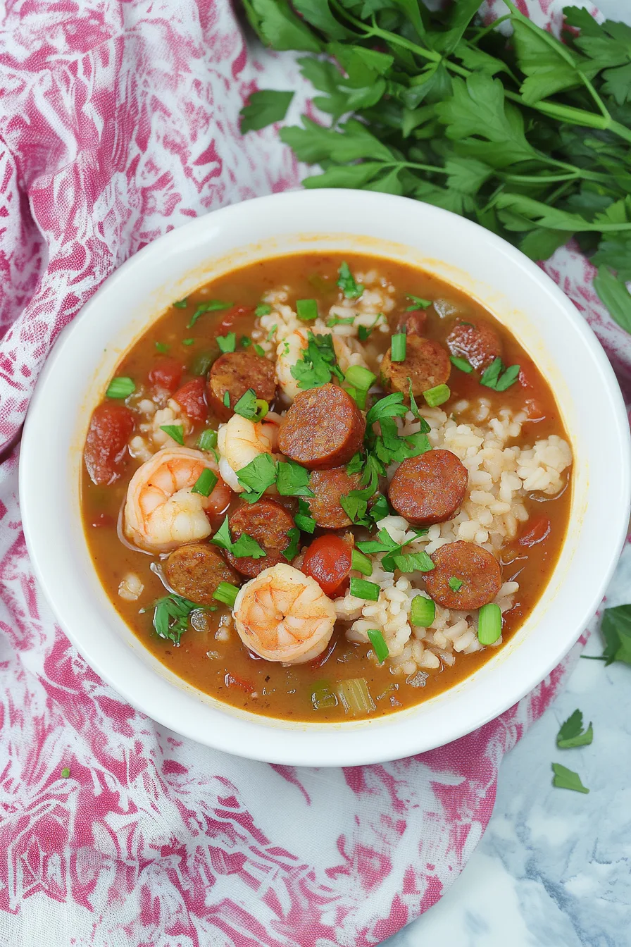Steaming bowl of gumbo topped with fresh herbs