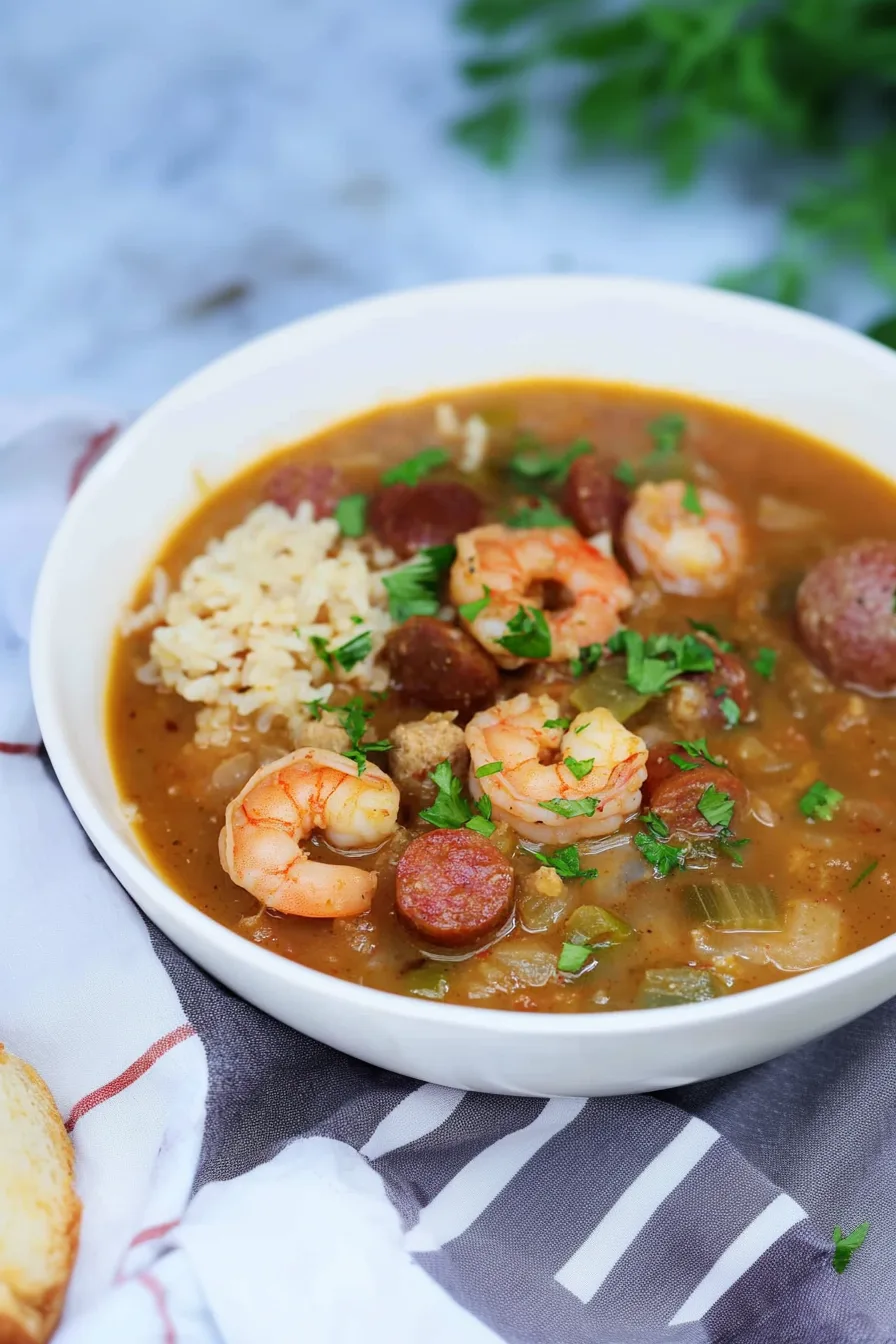 Overhead shot of gumbo in a white bowl with rice on the side