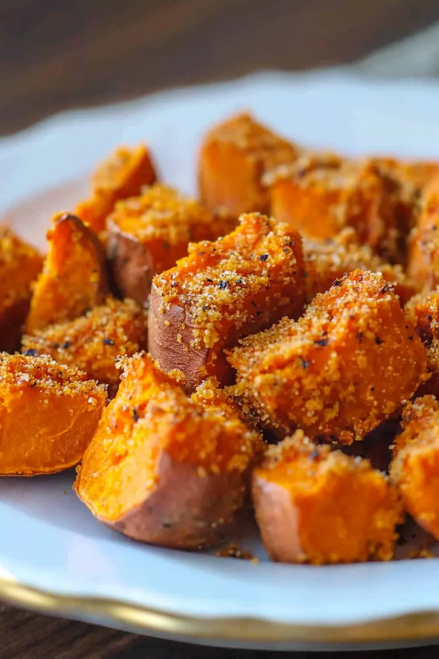 Baked sweet potato slices served in a white dish