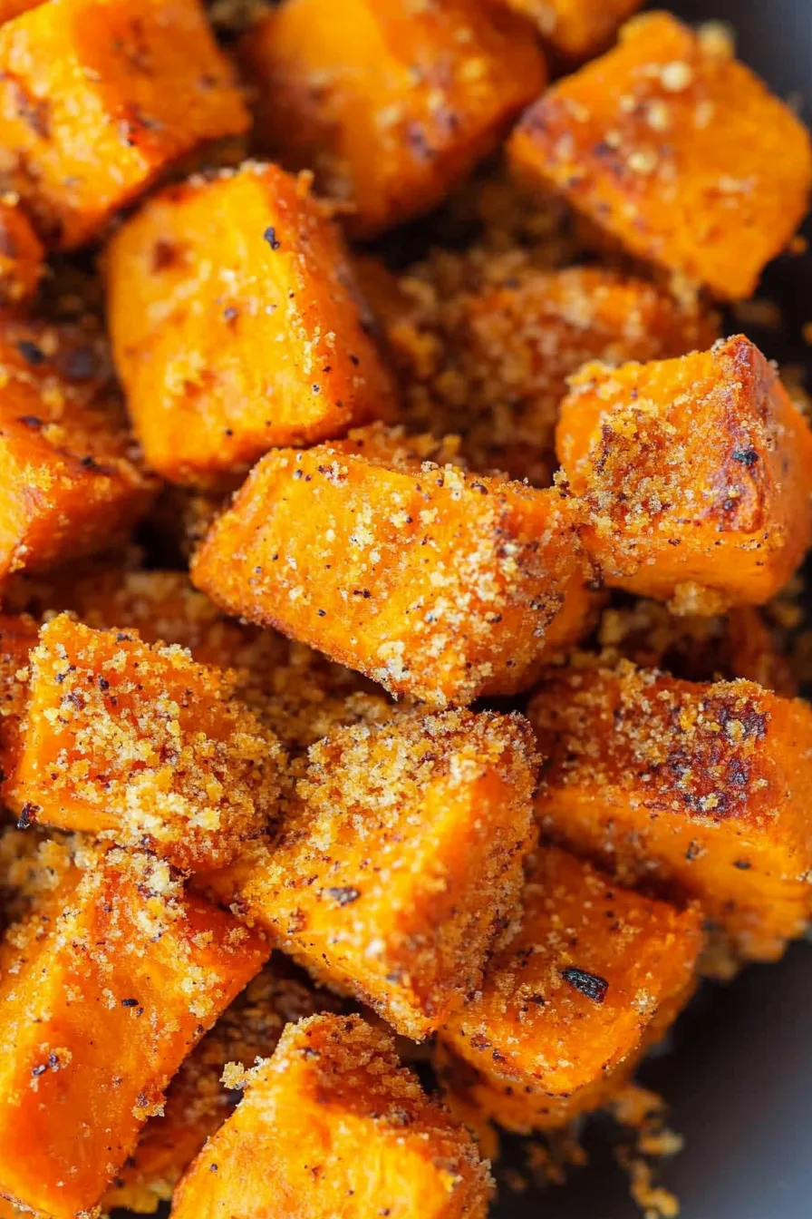 Close-up of seasoned sweet potato wedges with a crunchy coating