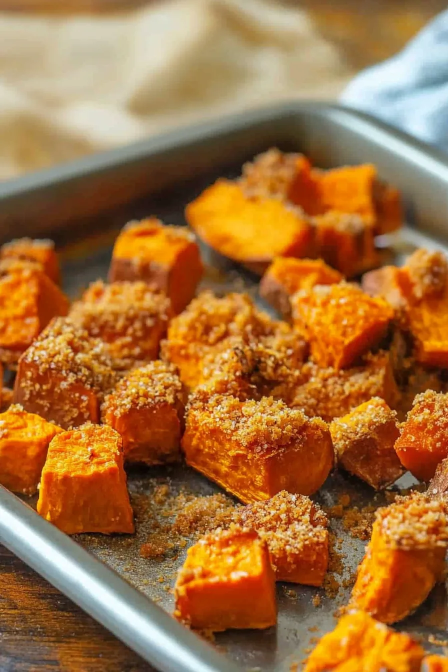 Roasted potato wedges on a baking tray with crisp golden edges