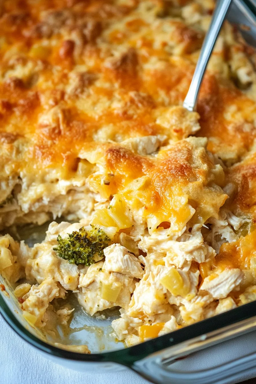 Close-up of a creamy chicken and broccoli casserole topped with melted cheese.