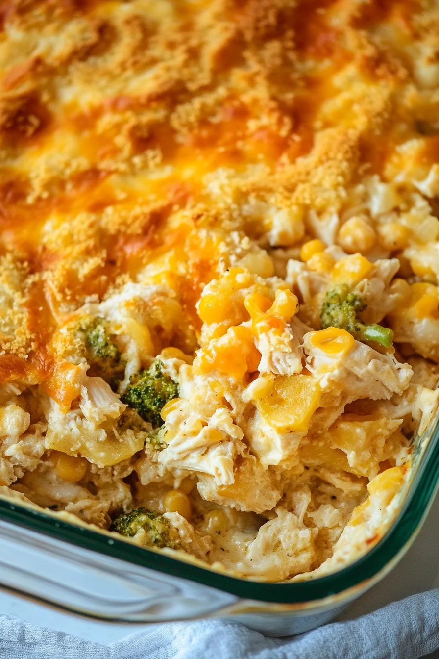 Hot casserole in a baking dish with a crisp, cheesy surface.