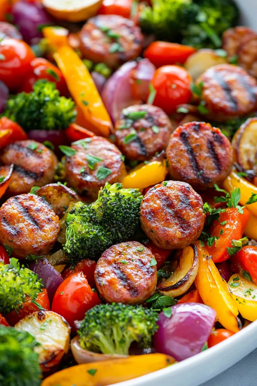 Close-up of golden-brown sausage slices surrounded by tender vegetables.