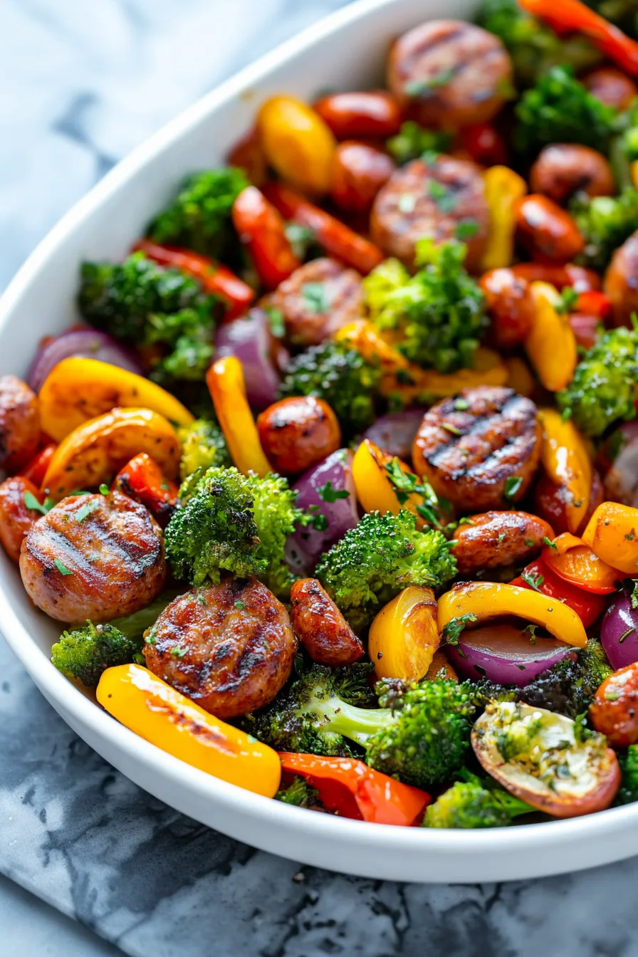 Simple sheet pan dinner fresh from the oven, ready to serve.