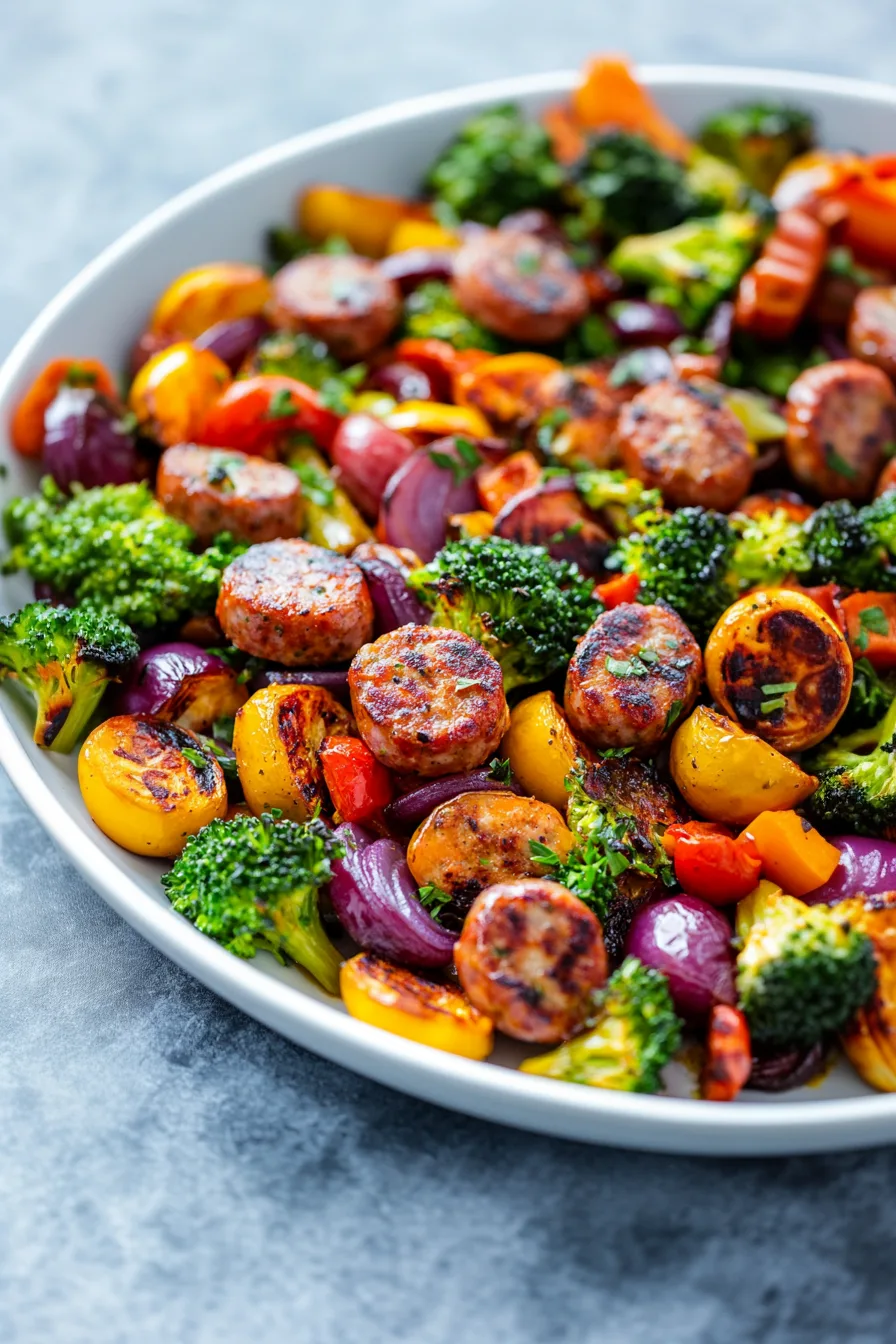 Colorful mix of roasted sausage, peppers, and zucchini on a sheet pan.