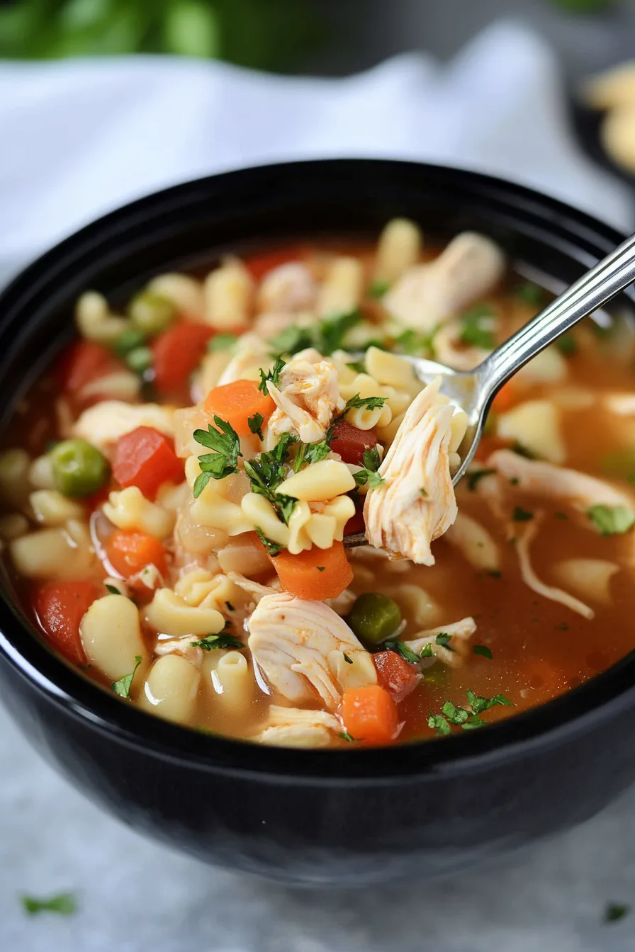 Ladle pouring golden broth filled with tender chicken and herbs.