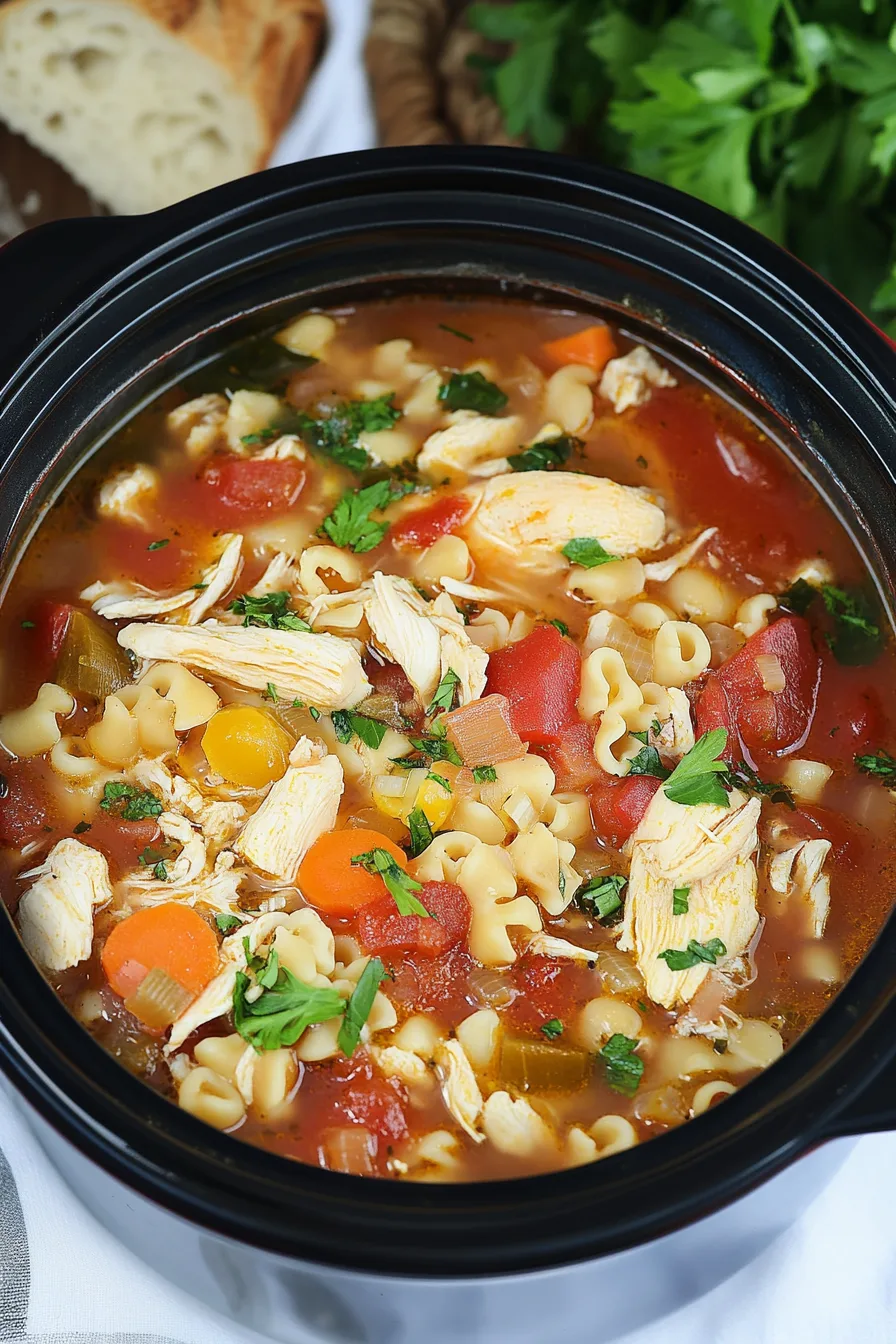 A warm bowl of Sicilian style chicken soup with vegetables.